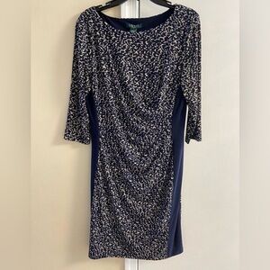 Lauren Ralph Lauren Navy and Gold Long Sleeve Dress midi 14 NWT